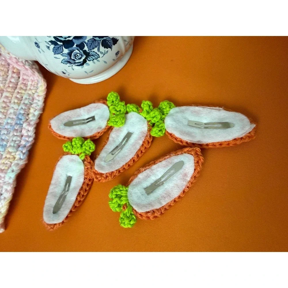 Handmade Crochet Carrot Hair Clips cotton Orange Green Easter Spring‎ Accessory